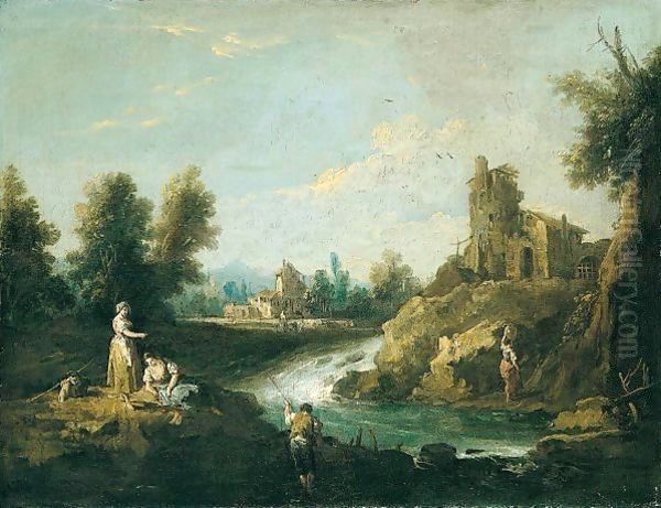 A River Landscape With A Fisherman And Women In The Foreground, A Woman Carrying Water Towards A House Beyond - view 1