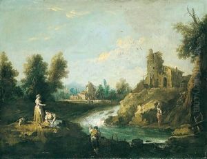 A River Landscape With A Fisherman And Women In The Foreground, A Woman Carrying Water Towards A House Beyond by Giuseppe Zais