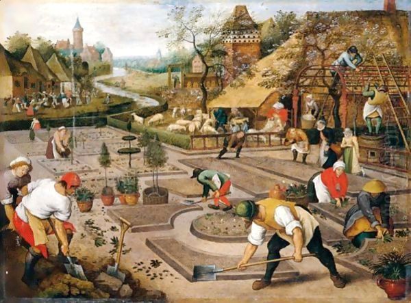 Spring Gardeners Digging And Planting A Formal Garden - view 1