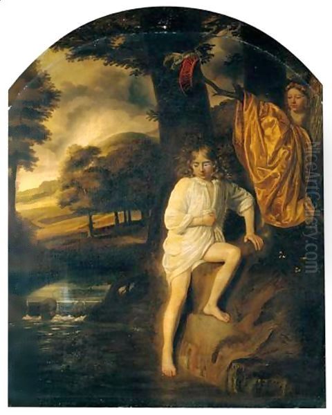 A Young Boy Preparing To Bathe In A Stream, Watched By A Girl - view 1
