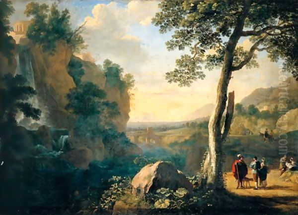 A Southern Landscape With A Fisherman And Figures Conversing On A Road Beside A Waterfall, A Hill Town Above And A Bridge Beyond - view 1