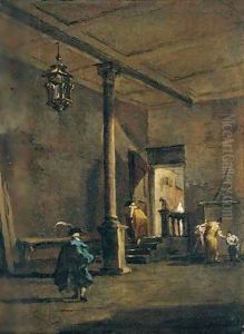 An Architectural Capriccio With Figures Before An Open Door