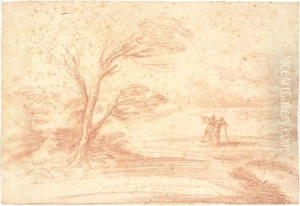A Landscape With A Tree And Two Travellers Near A Pond In The Foreground, And Distant Buildings Behind - view 1