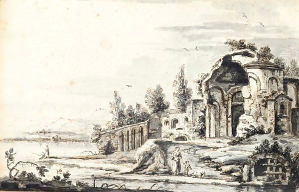 Landscape With Classical Ruins By A Lake, A Woman And Child In The Foreground - view 1
