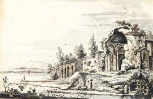 Landscape With Classical Ruins By A Lake, A Woman And Child In The Foreground by Giuseppe Zais