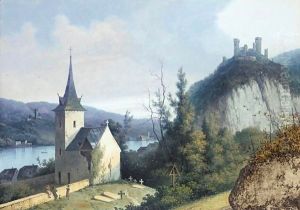A Rhine View With A Church And A Ruined Castle On A Hill (Possibly Oberwesel)