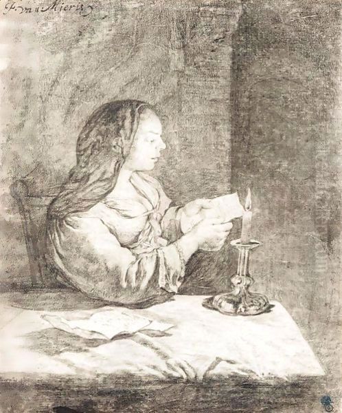 A Young Woman Seated At A Table, Reading A Letter By Candlelight - view 1