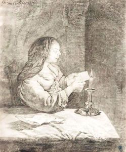 A Young Woman Seated At A Table, Reading A Letter By Candlelight