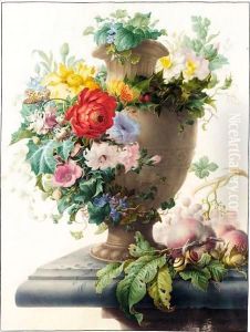 An Urn Garlanded With Flowers, And Peaches, Grapes, Hazelnuts And Various Insects And Snails On A Stone Ledge by Herman Henstenburgh