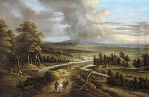 An Extensive River Landscape With Figures On A Road by Lucas Van Uden