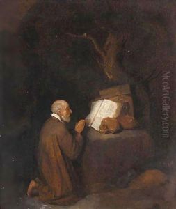 A Study Of A Hermit Kneeling Before An Open Book And Skulls