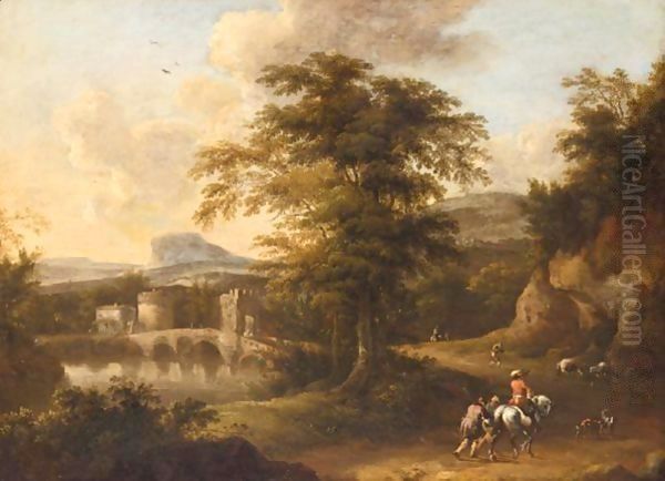 A Southern Landscape With A Horseman And Other Travellers Near A Bridge At Dusk - view 1