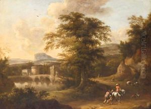 A Southern Landscape With A Horseman And Other Travellers Near A Bridge At Dusk by Frederick De Moucheron