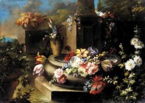 A Classical Garden With Flowers In A Stone Urn, Before A Column