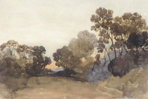 Wooded Landscape At Sunset by John Joseph Cotman