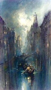 Canal Secne By Night by Frank Wasley