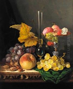 Still Life With Peaches Grapes Hazelnuts Raspberries And Plums With A Wine Glass by Edward Ladell