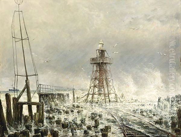 Phare At The End Of The North Breakwater, Tide Coming In At The Hoek Vanholland - view 1