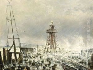 Phare At The End Of The North Breakwater, Tide Coming In At The Hoek Vanholland by Cornelis Christiaan Dommelshuizen