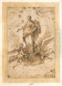 Madonna In Gloria Con Angeli Sovrastante Un Paesaggio In Lontananza by Guido Reni