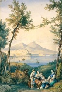 Popolane E Bambini In Un Bosco Con Il Vesuvio In Lontananza by Consalvo Carelli