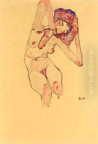 Sitzender Frauenakt Mit Geneigtem Kopf Und Erhobenen Armen (Seated Female Nude With Tilted Head And Raised Arms) by Egon Schiele