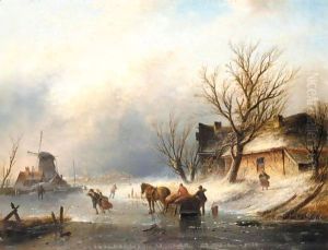 Figures Skating On A Frozen River Near A Windmill
