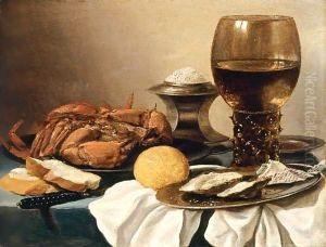 Still Life Of A Crab On A Pewter Plate, A Salt-Cellar, A Roemer, A Knife, A Lemon And Two Oysters On A Pewter Plate, All Resting On A Draped Table