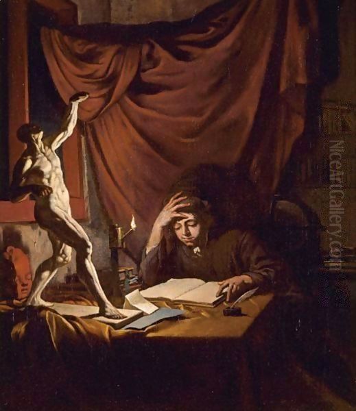 A Young Scholar Reading By Lamplight In A Study With An Ecorche Model And A Plaster Head Of A Putto On A Table - view 1