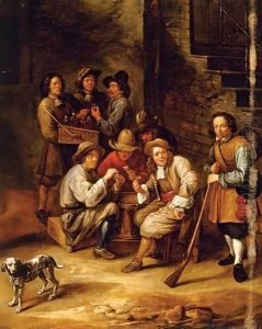 Figures Drinking And Gambling In A Courtyard