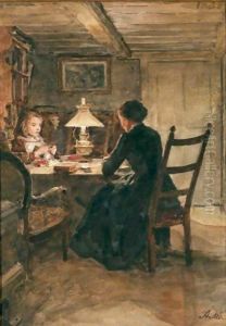Interieur Bei Lampenschein by Albert Anker