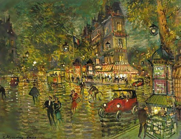 Paris Street Scene With Tram And Red Car - view 1