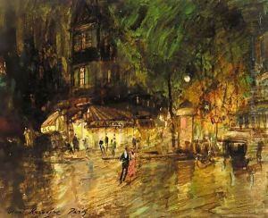 Sketch Of Paris By Night With Promenading Couple by Konstantin Alexeievitch Korovin