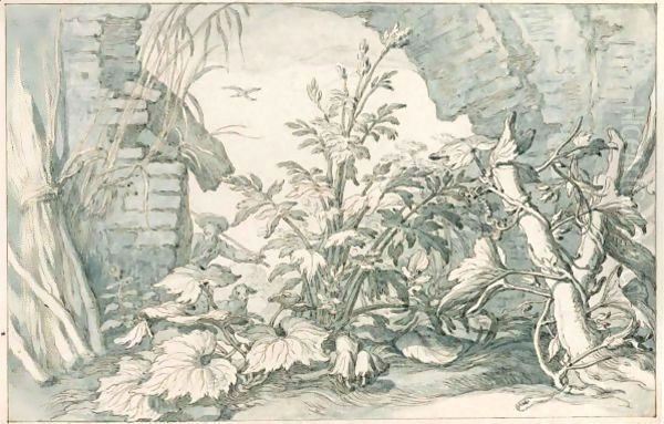Plants At The Foot Of A Ruined Arch, A Shepherd Approaching In The Background - view 1