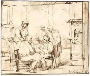 Interior Scene, With Various Seated And Standing Figures In Discussion by Philips Koninck