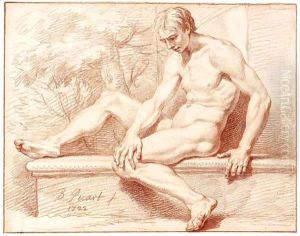 Male Nude, Seated On A Stone Ledge, In A Landscape