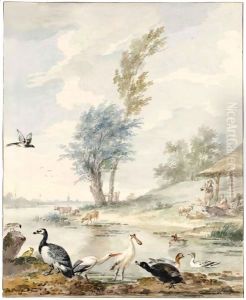 Dutch River Landscape With A Spoonbill, A Stork, A Goose, Ducks And Other Birds by Aert Schouman