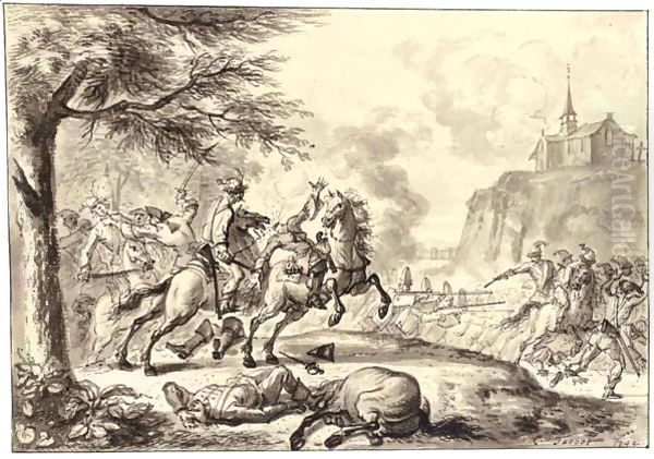 Battle Scene, With Cavalry And Infantry Before A Hilltop Church - view 1