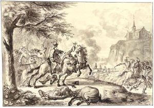 Battle Scene, With Cavalry And Infantry Before A Hilltop Church by Cornelis Troost