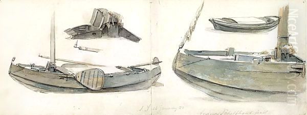 Two Joined Sketchbook Sheets, With Studies Of Boats On Both Sides - view 1