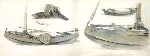Two Joined Sketchbook Sheets, With Studies Of Boats On Both Sides by Andreas Schelfhout