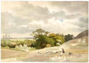 A Shepherdess With Sheep And A Dog In A Hilly Wooded Landscape by Julius Jacobus Van De Sande Bakhuyzen