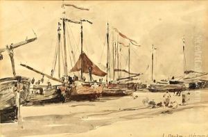 Fishing Boats On The Beach At Scheveningen by Eugene Boudin