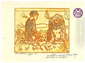 A Boy And Girl Digging Potatoes In The Dunes by Jan Toorop