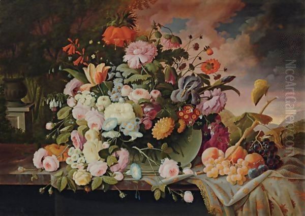 Still Life With Flowers And Fruit In A Landscape by Severin Roesen