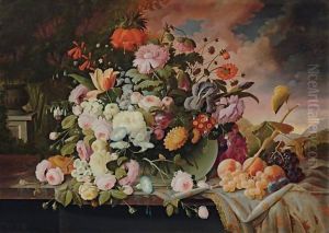 Still Life With Flowers And Fruit In A Landscape by Severin Roesen