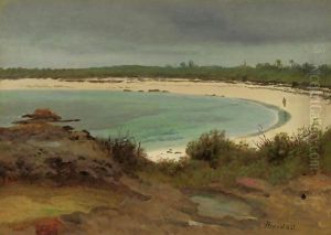Cove With Beach And Church by Albert Bierstadt