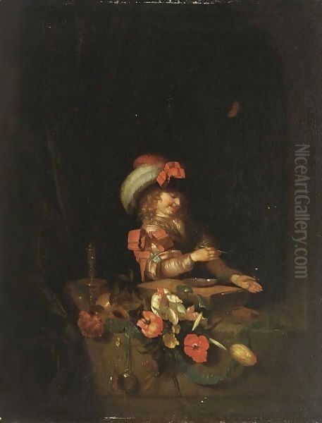 Vanitas A Boy In A Window Blowing Bubbles, With A Skull, Flowers, A Watch, A Candle And A Butterfly - view 1