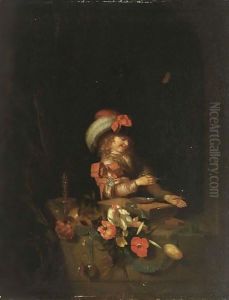 Vanitas A Boy In A Window Blowing Bubbles, With A Skull, Flowers, A Watch, A Candle And A Butterfly by Adriaen Van Der Werff