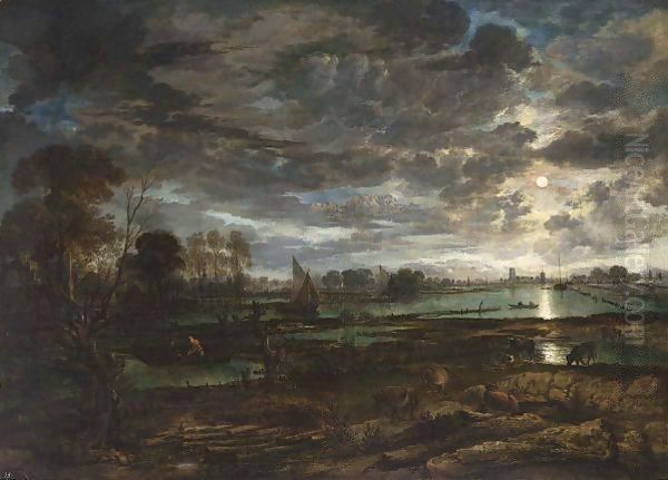 An Extensive River Landscape By Moonlight With Fishermen And Cows In The Foreground - view 1